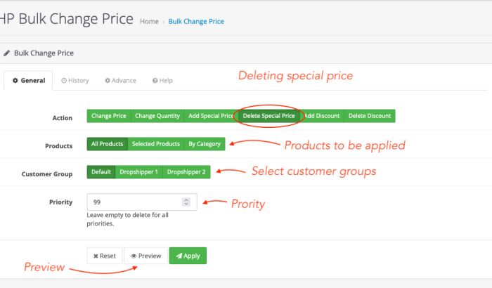 Bulk Change Price, Quantity. Specials and Discounts Opencart