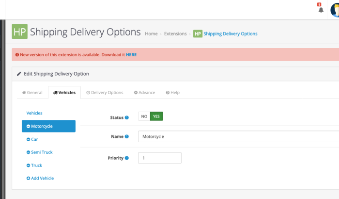 HP Vehicle Delivery Options Shipping Method for OpenCart