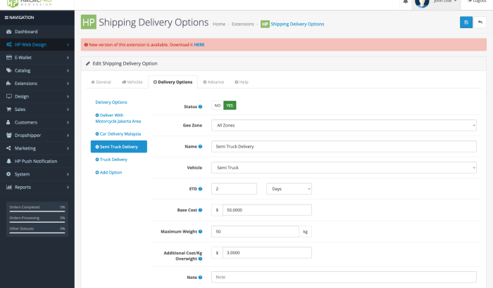 HP Vehicle Delivery Options Shipping Method for OpenCart