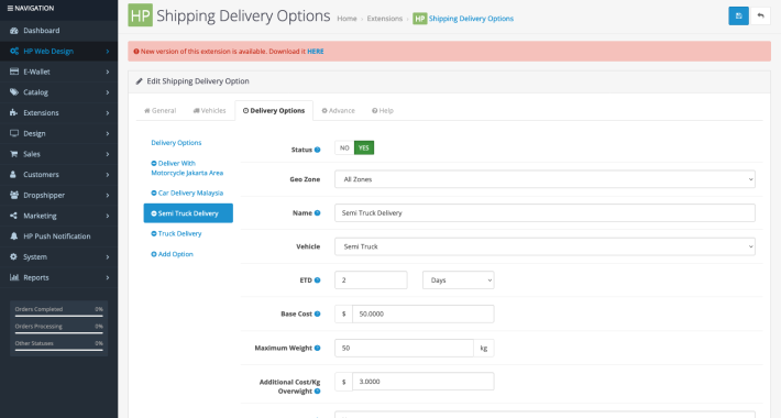 HP Vehicle Delivery Options Shipping Method for OpenCart HP Vehicle Delivery Options Shipping Method for OpenCart