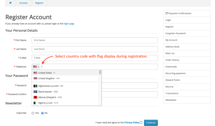 HP Country Code WIth Country Flag Selector OpenCart