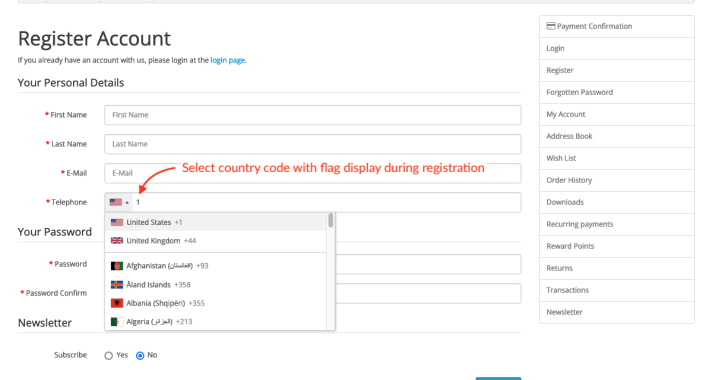 HP Country Code WIth Country Flag Selector OpenCart