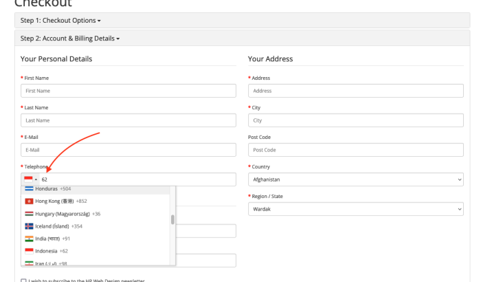 HP Country Code WIth Country Flag Selector OpenCart