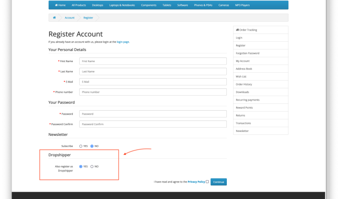 Dropshipper Registration and Management OpenCart