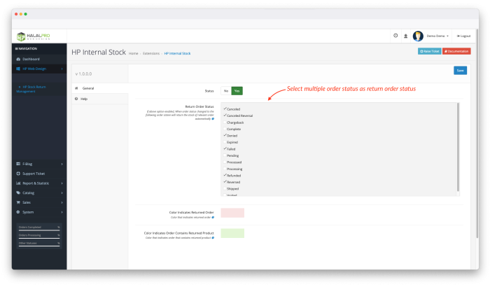 HP Stock Return Management OpenCart